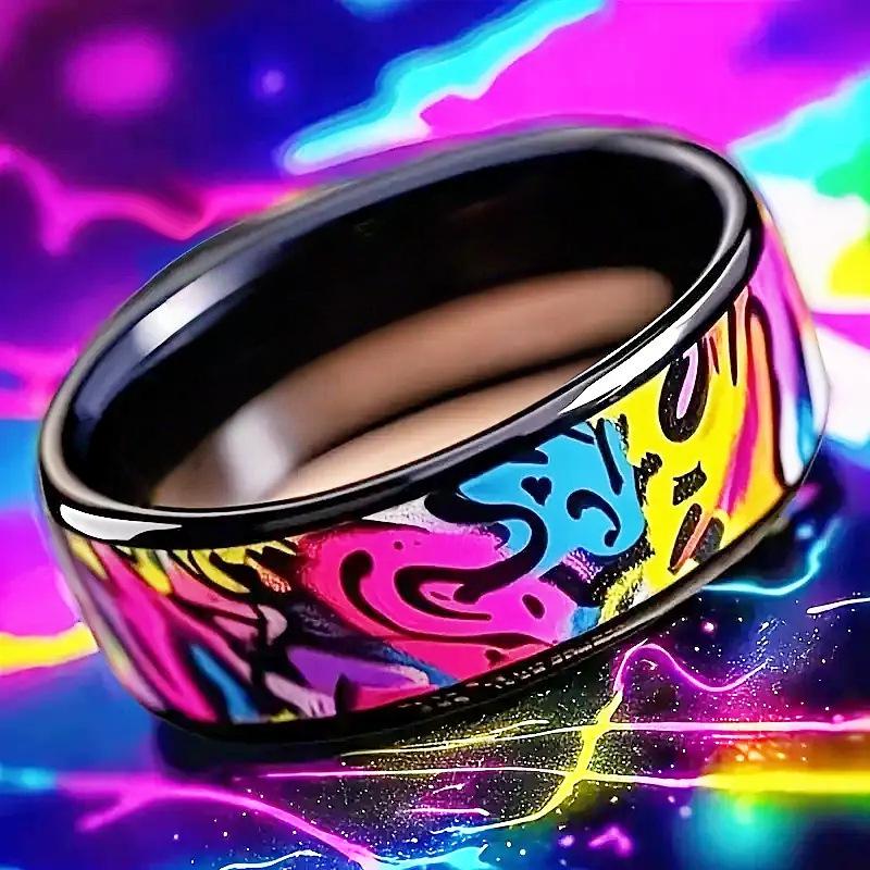 Graffiti-Style Stainless Steel Ring: Vibrant Spiral Design, Durable & Fade-Resistant.