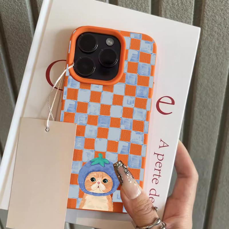 

Cute Plaid Kitten Lychee Texture Phone Case For iPhone 17 16 15 Pro Max 14 13 12 11 Pro 14 15 Plus 17 Air Silicone Soft Cover iPhone 11