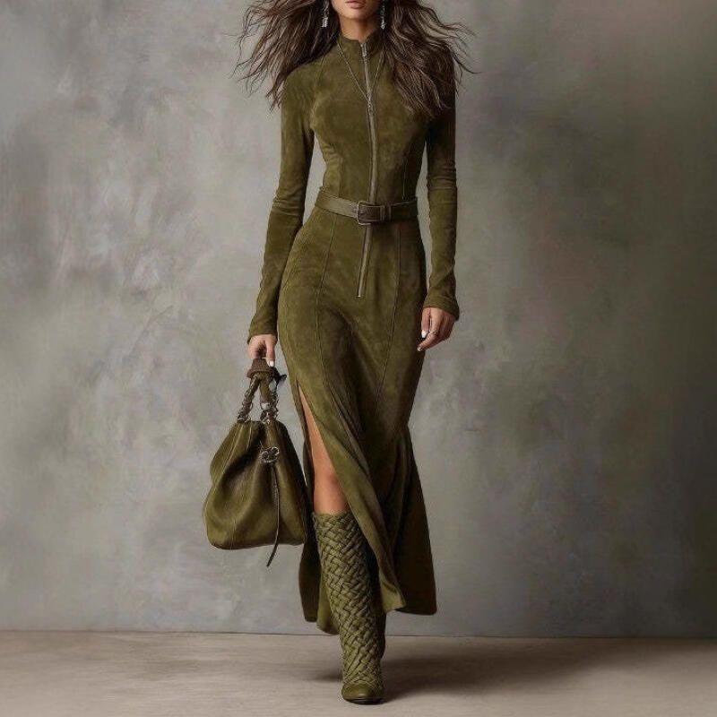 Lässiges O-Ausschnitt Langarm Wildleder Partykleid Elegant Seitenschlitz Einfarbig Slim Langes Kleid Damenmode mit Gürtel zum Binden Maxi-Kleid