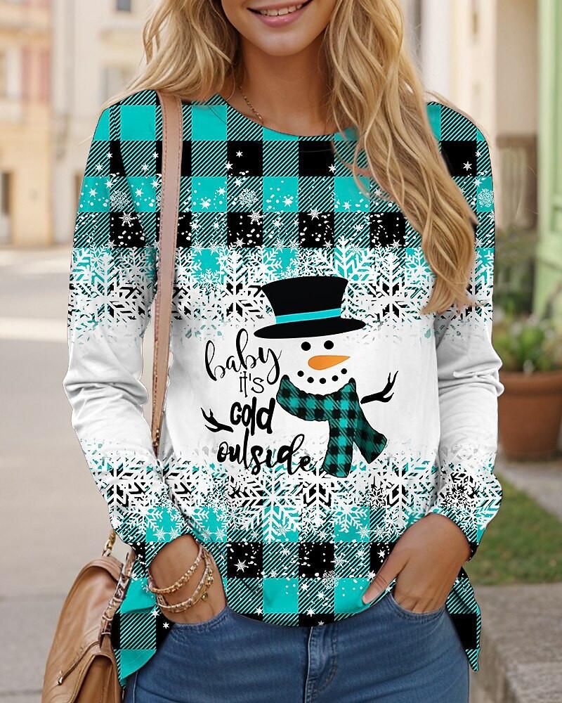 Christmas Snowman Pattern Women Fashion T-Shirts Autumn Winter Long Sleeve 3d Print Plaid Street Christmas Ladies Tee