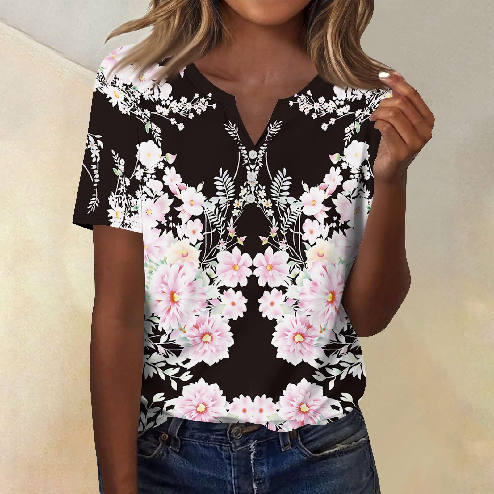 

Женская мода повседневный топ с коротким рукавом и цветочным принтом L бежевый