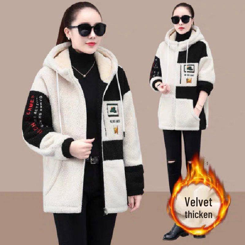 

Plus Size Mid-Length Lambswool Hoodie for Women - Slimming, Thickened, Versatile Korean Style Jacket XL чёрный