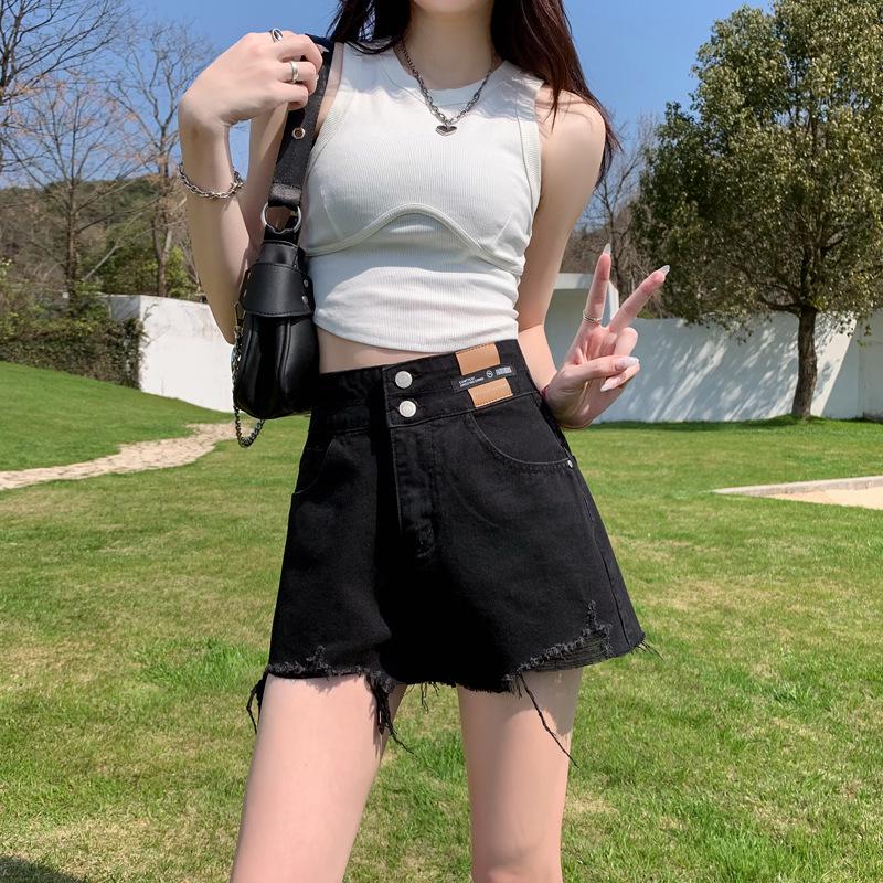 

2023 Women s Korean-Style High-Waist Denim Shorts: A-line, Slimming, Wide-Leg, Frayed Hem чёрный