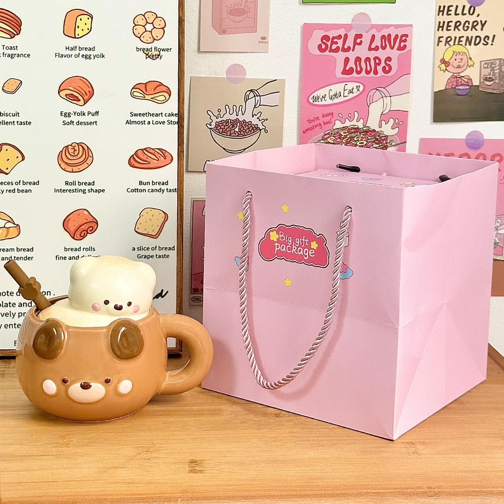 Cute Bear Ceramic Mug, Birthday Gift Cup, Gift Box for Girlfriends, Water Cup, Household Couple Cup with Lid