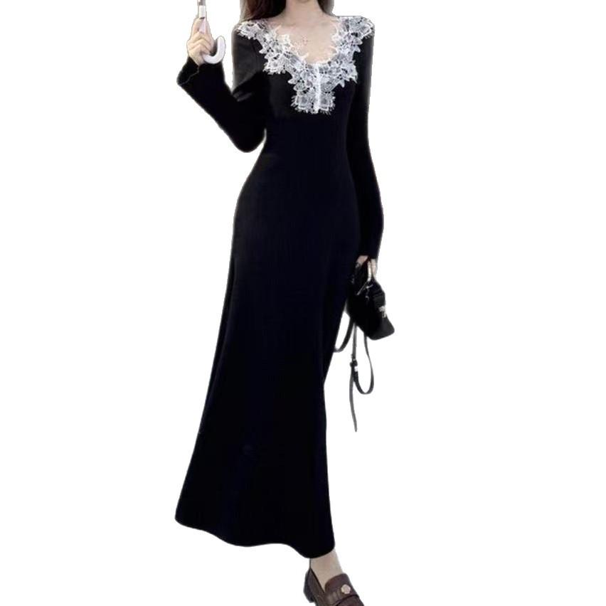 French small fragrance Hepburn style black v-neck dress children's early autumn wear new high-end inner long dress