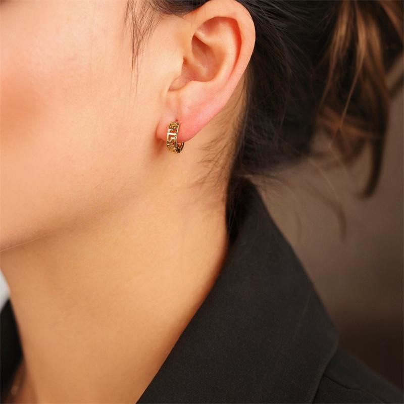 Vintage Geometry Mesh Pattern Hoop Earrings Copper Golden Plated Jewelry Simple Suitable For Women Daily Casual