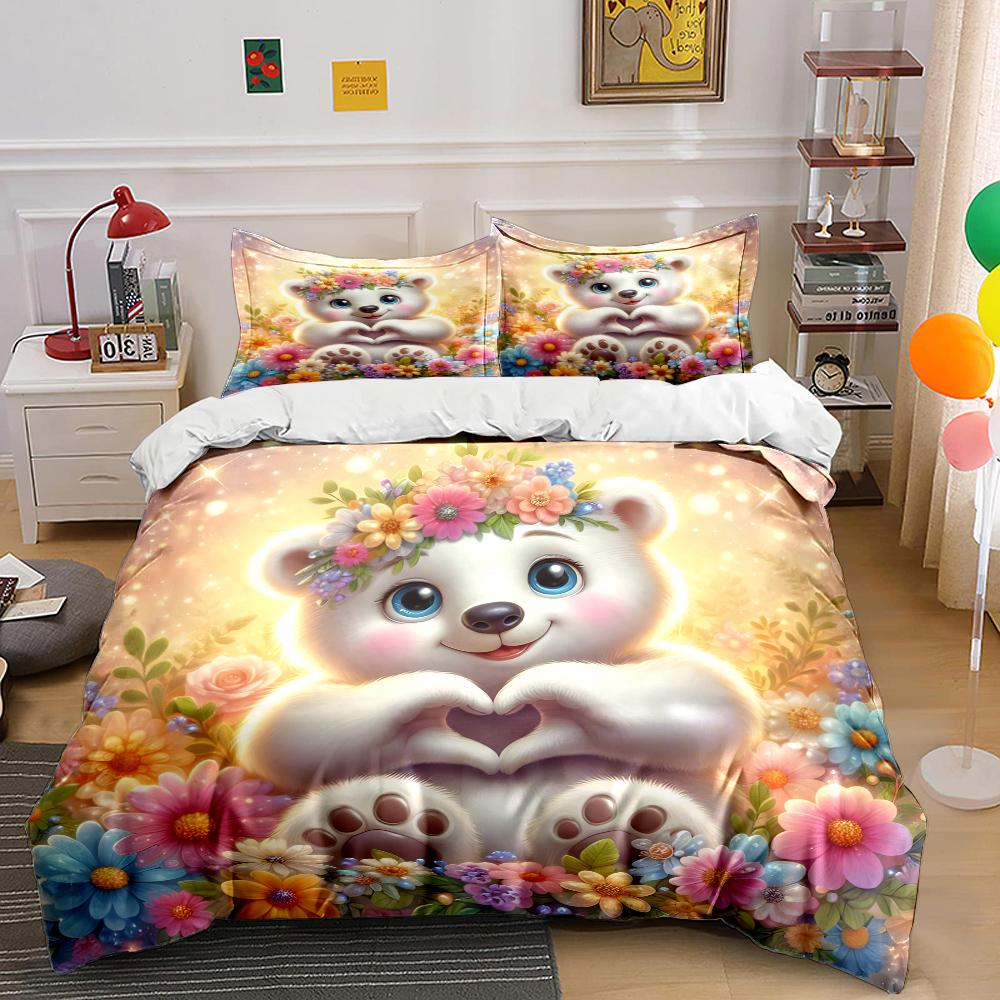 Cute Bear with Flower Field Bedding Set for Kids Luxury Gift 3pcs Digital Print Comforter Set Soft Comfortable Breathable
