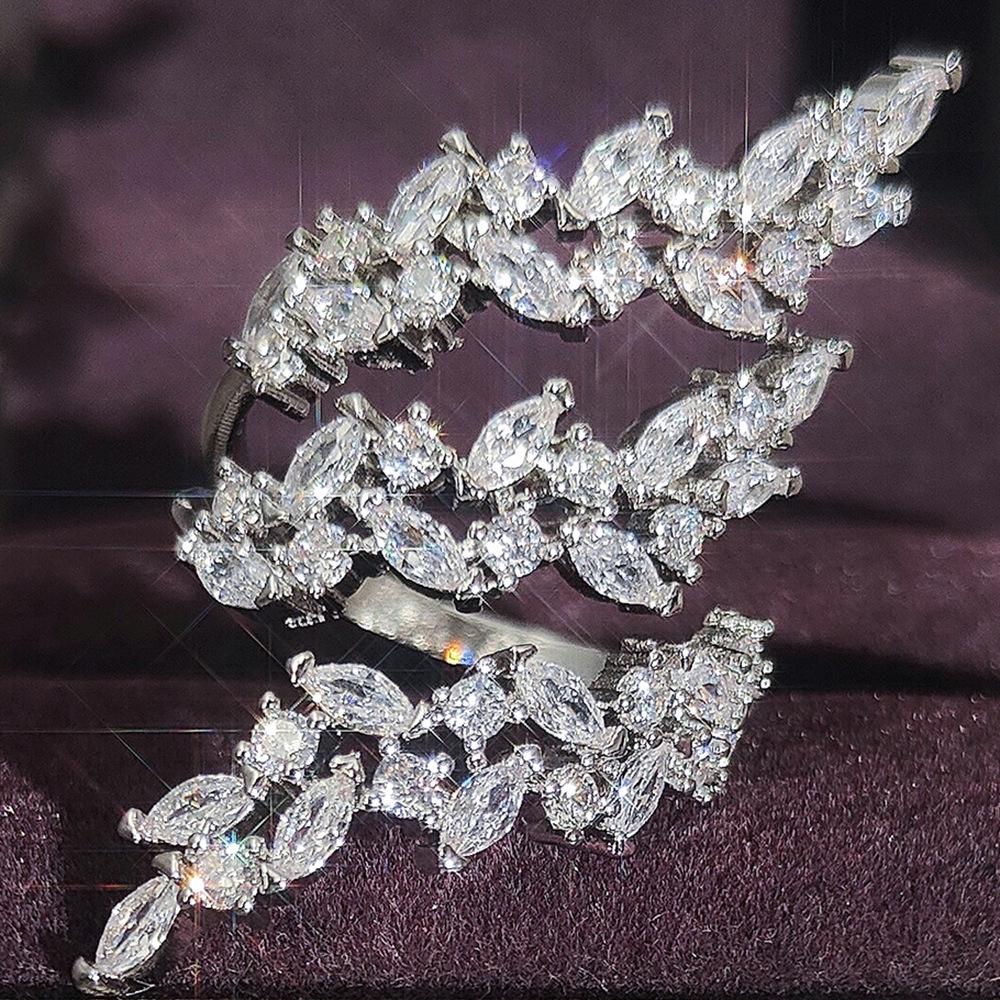 Elegant Wheat Ear Design Women's Ring, Full Diamond, Copper-Plated with 18K White Gold - Model R6685.