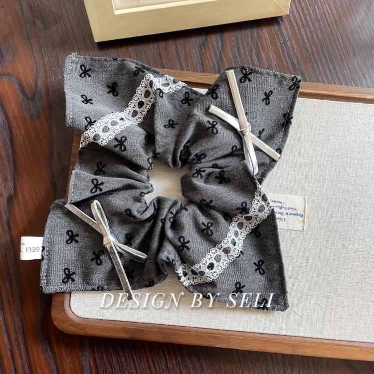 Gray Ballet Style Premium Handmade Lace Bow Hair Tie Scrunchie Bun Hair Accessories