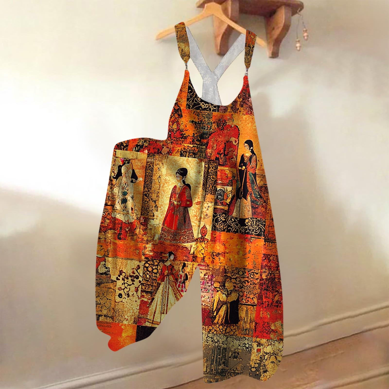

Women s Summer Strappy Pants Floral Print Vintage Jumpsuit ,Non-Adjustable Straps, S шафрановий