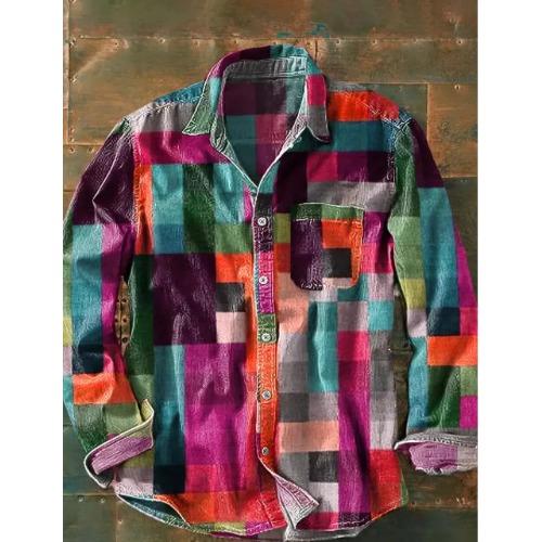 Retro-style Colour-block Print Men’s Long-sleeved Button-down Shirt