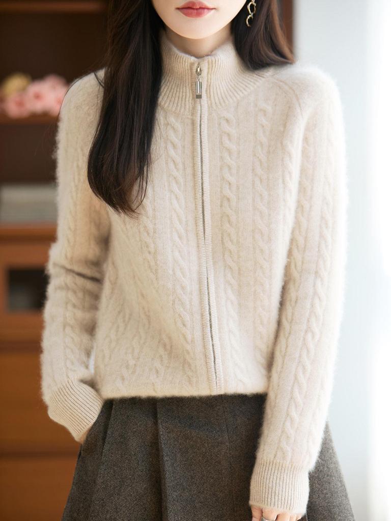Women's Cable Knit Zipper Cardigan - High Collar, Twisted Pattern, Loose Fit, Versatile Knitwear