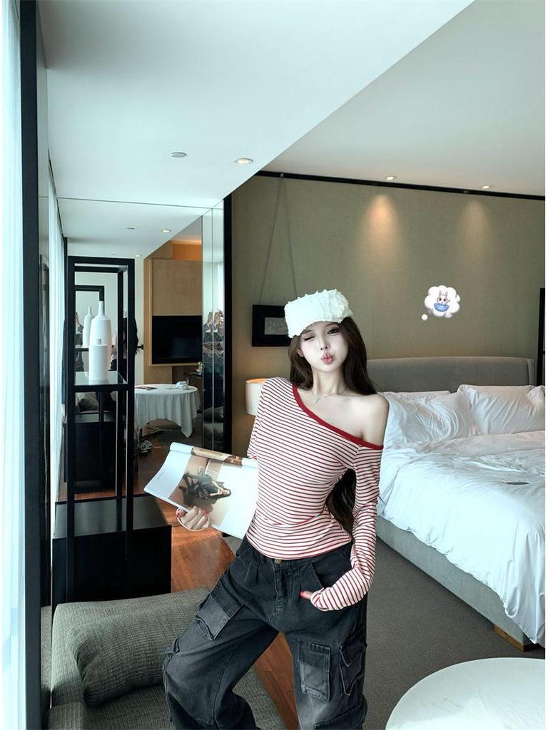 Koreański Jednoramienny Pasiasty Długi Rękaw Dopasowany Codzienny Damski Top