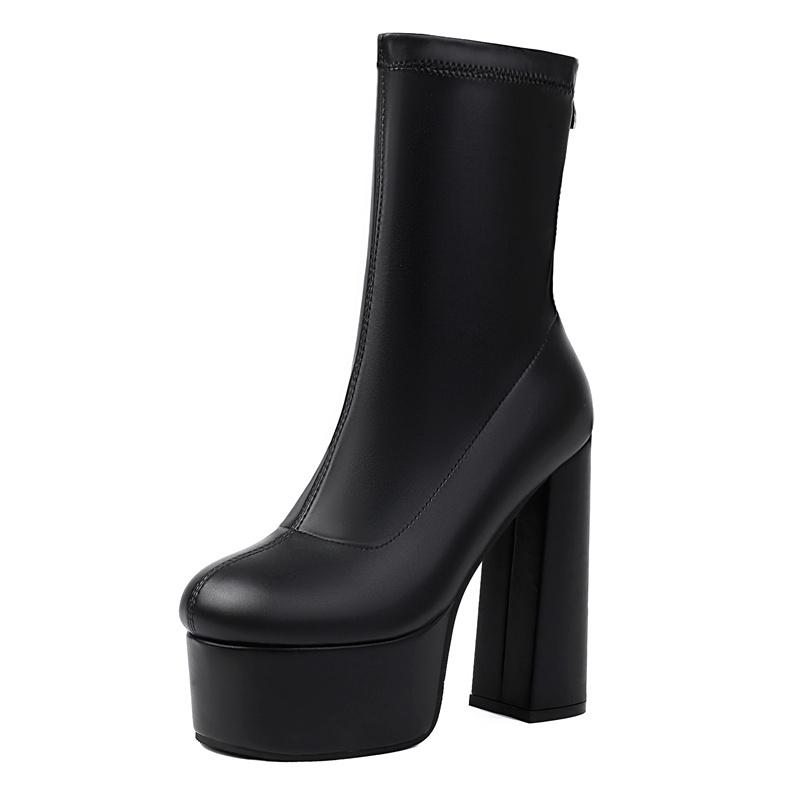 Gold Women Back Zipper Platform Ankle Boots Metallic Silver High Chunky Heels Winter Autumn White Dress Club Stretch Short Boots