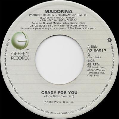 7inch Record MADONNA  Crazy For You 9290517 GEFFEN 1985 Canada Dance  Electronica Used
