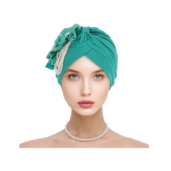 Women Headscarf Hat Imitation Pearls Flower Decor Turban Hat Solid Color Stretchable Fit Headband Sleep Hat