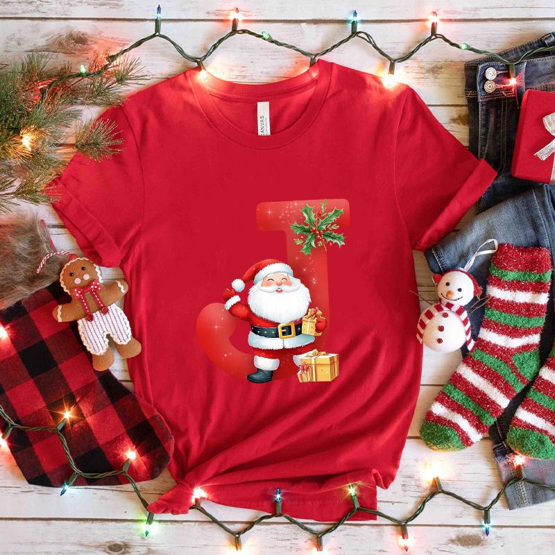 Santa AZ Alphabet Womens Tshirt Christmas Party Casual Tee with Graphic Print Holiday Fashion Y2k Tops for Female Clothing