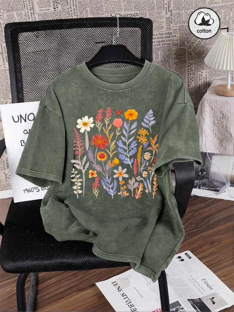 Beautiful Flowers And Ferns Prints Washed TShirts Women Cotton Oversized T Shirt Summer Short Sleeve Tops Casual ONeck Clothes
