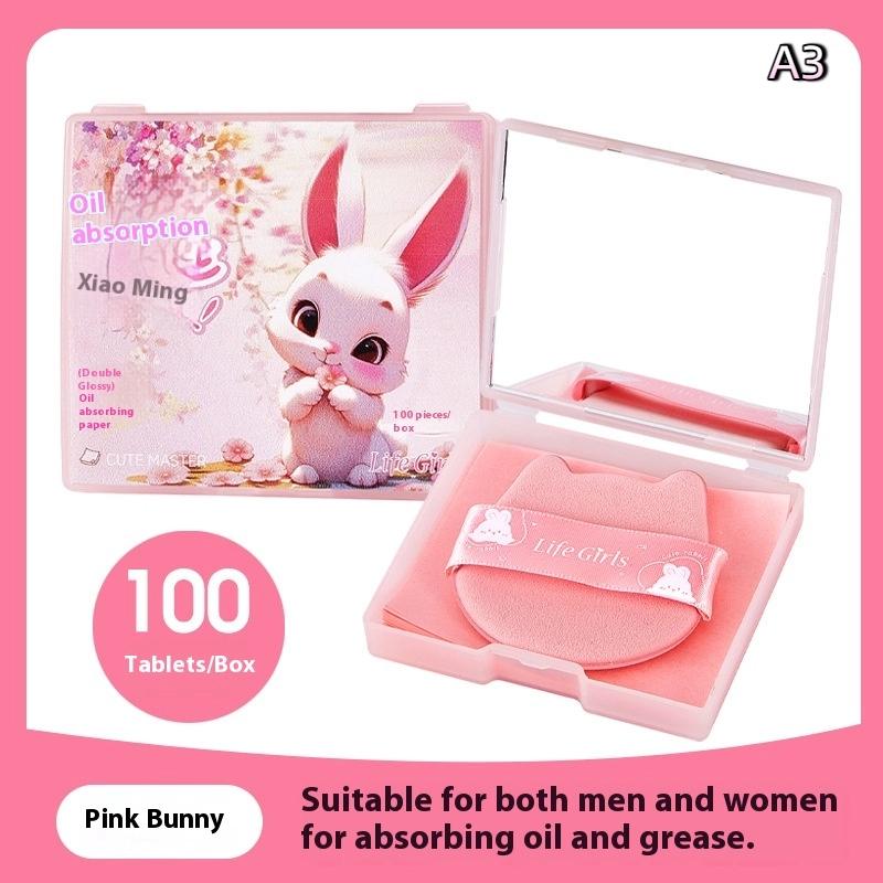 100 Sheets Oil Blotting Papers With Mirror Case Flour Puff Cartoon Durable Face Cleansing Makeup Tool Face Oil Blotting
