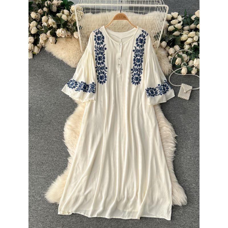 Spring Clothing Ethnic Style Retro Embroidered Flared Sleeve Dress