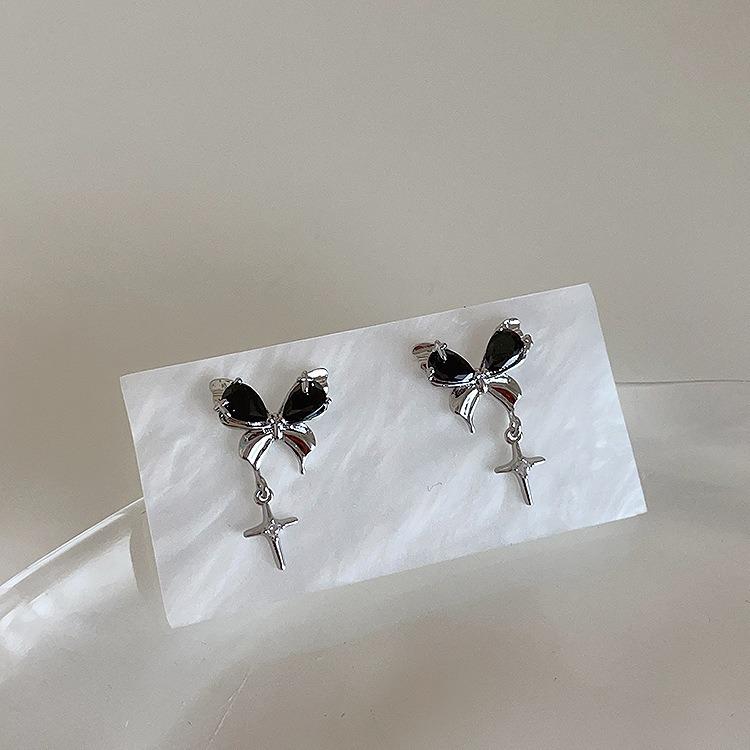 Korean Minimalist Black Bow Starburst Stud Earrings - 925 Silver Needle Trend