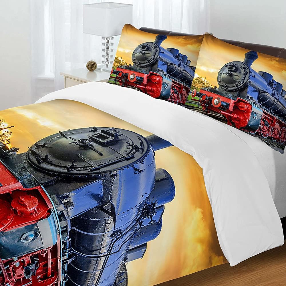 3D Train Digital Printing Duvet Cover Set, Retro Steam Train Theme Bedding Set Microfiber Duvet Set Train Track Pillowcases