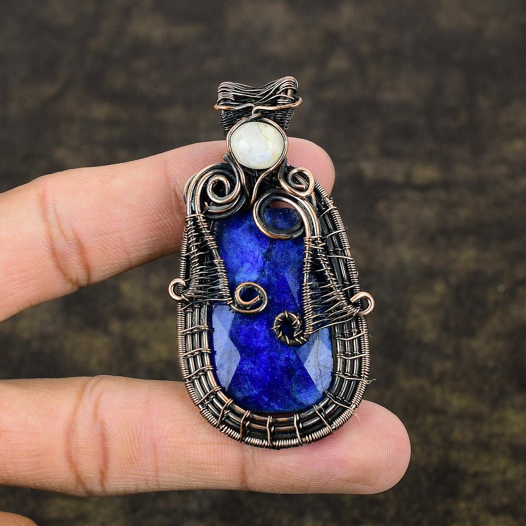 Natural Lapis Lazuli, Moonstone Gemstone Copper Wire Wrap Pendant 2.68" u4h47
