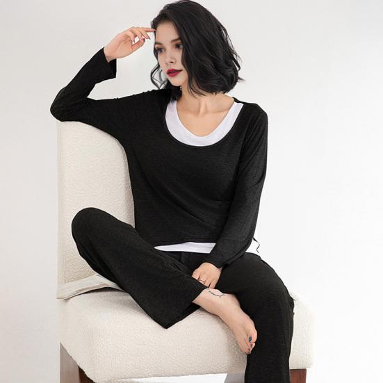 Two Piece Modal Pajamas Set for Women Long Sleeve Top And Pants Sleepwear with Built-in Bra Casual Loungewear Pjs Set