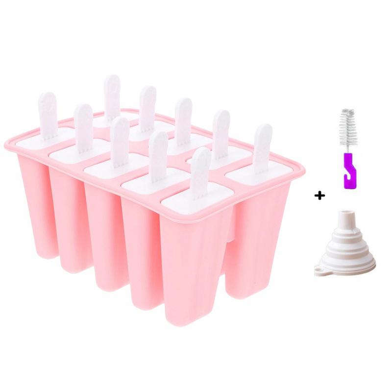 

Reusable Silicone 10 Cavity Popsicle Molds With Funnel and brush Ice Cream Maker Food grade Self made Popsicles Moulds Tray 12 pieces розовый