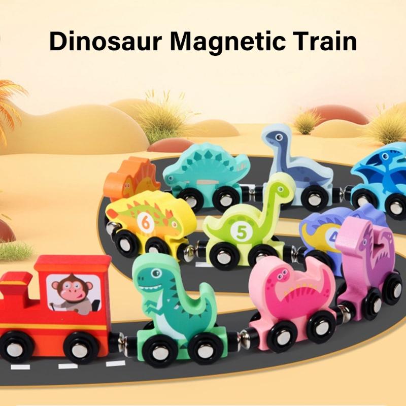 Magnetic Dinosaur Theme Wood Train Set Educational Toy For Early Learning And Hand Eye Coordination For Children