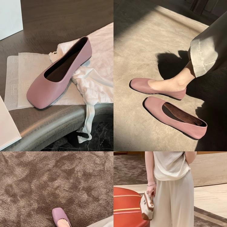 Sheepskin version of grape mother, the same leather shoes, French square head, shallow mouth, flat sole single shoes, women's commuter grandma sho