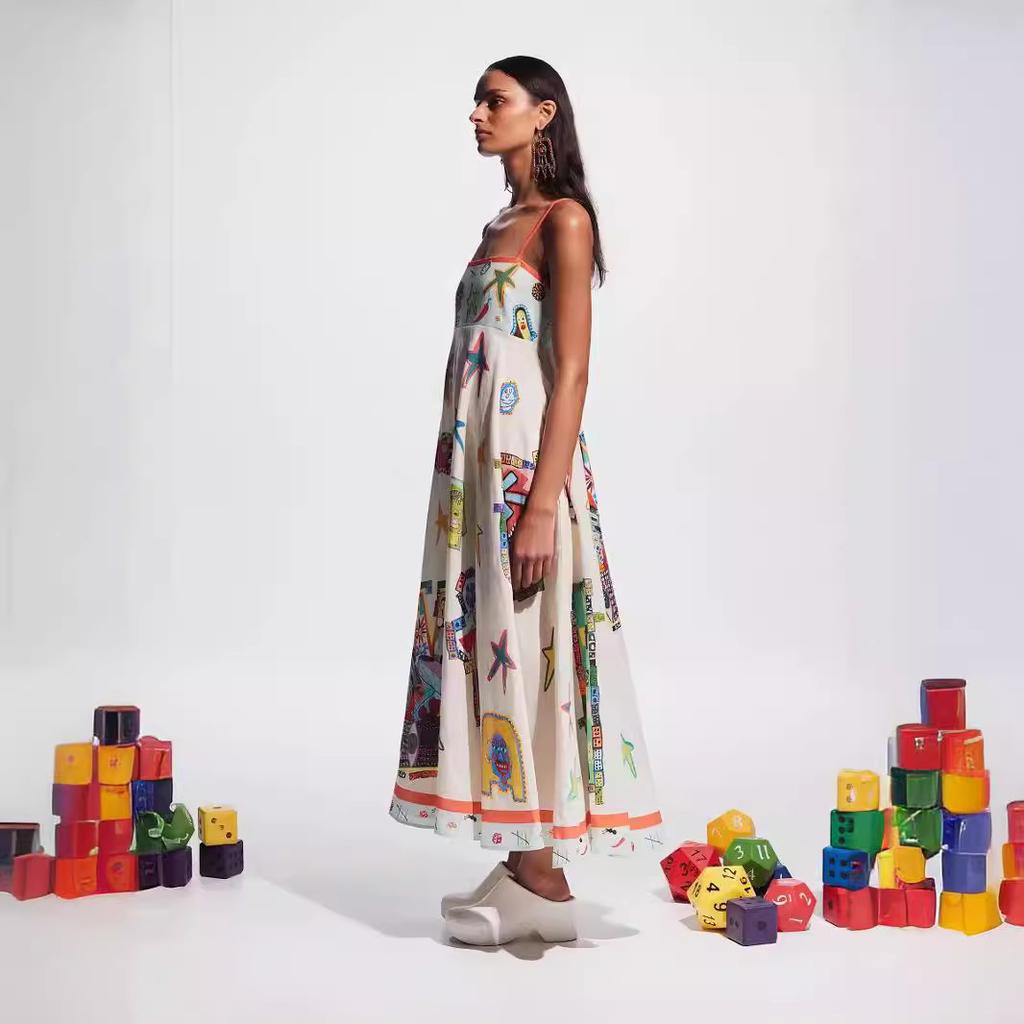 2026 neue europäische und amerikanische Express-Eigenstation Amazon sexy Träger Leinen Graffiti Pendel Kleid