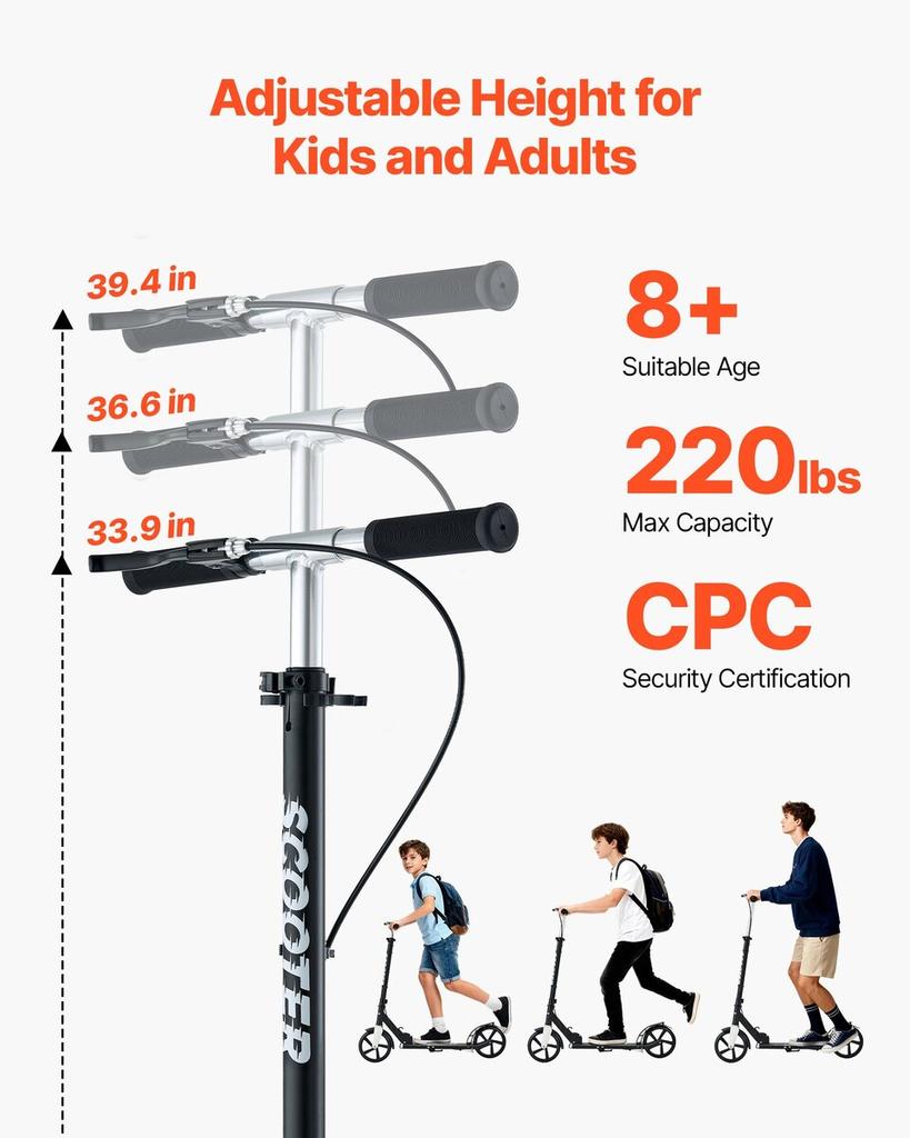 Kick Scooter for Kids Ages 8+, Teens & Adults, 2-Wheel Toddler Scooter with Adjustable Height Handlebar, Wide Anti-Slip Deck, Foldable Lightweight for