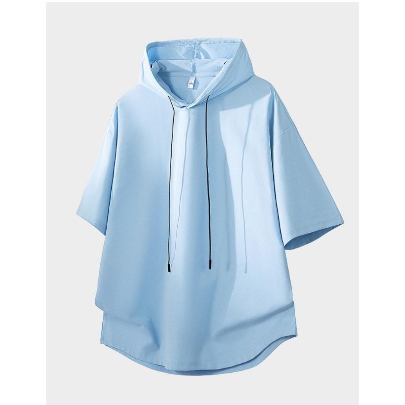 Men's White Ice Silk Hooded T-Shirt Quick Dry Breathable Oversized Short Sleeve Top