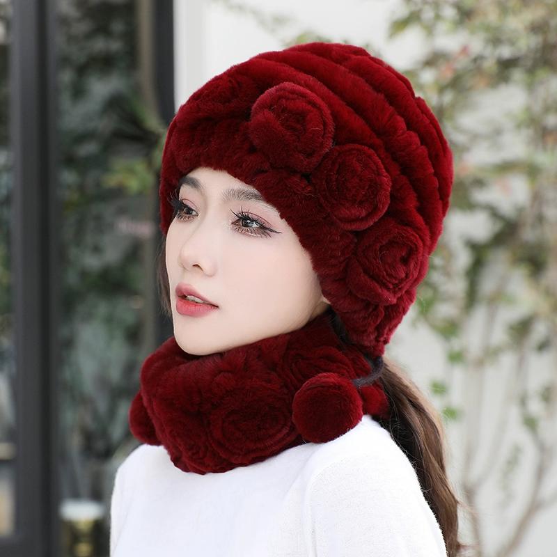 Rex Rabbit Hair Hat Scarf Two-piece Set Women's Winter In The Elderly Mother Grandma Winter Fur Scarf Cover