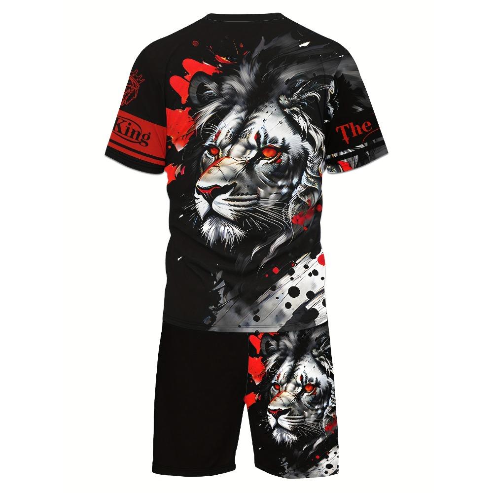 Summer Men's Suit Fashionable Tie-dyed Lion Pattern Men's T-shirt, Short-sleeved Animal Print Trendy Street Casual
