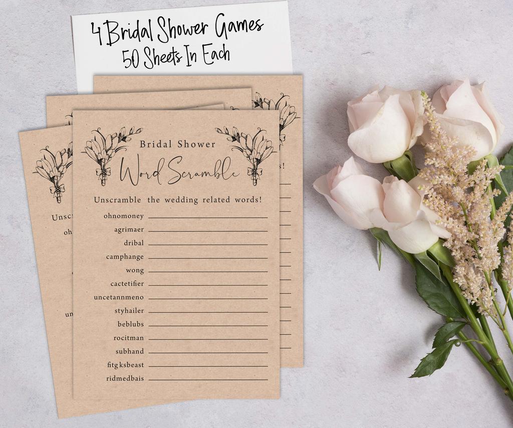 Inkdotpot Bridal Shower Games Set Of 4(50 Sheets Each) W   Miss To Mrs Gold Banner Rustic Kraft Paper Fun Bachelorette Party Games Set