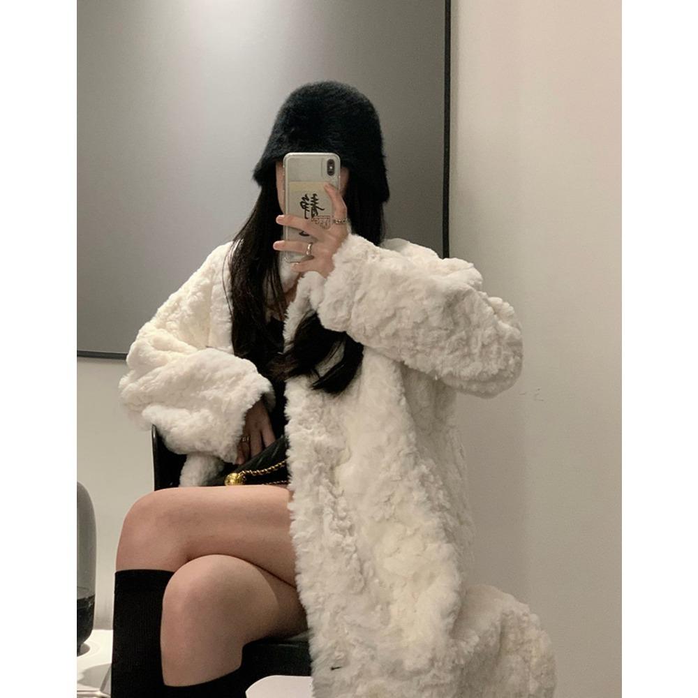 Kabát z jehněčí vlny dámský dlouhý kabát nad koleno kožešinový zateplený volný stojáček vatovaný teplý ležérní bunda