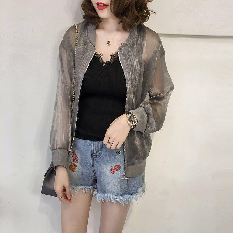 

Women s Summer Organza Baseball Jacket - Plus Size UV Sun Protection, Bright Silk Ultra-thin Outerwear. M