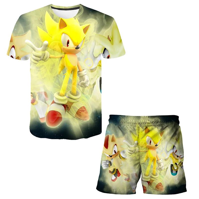 2025 MINISO New boys and girls super sonic Tshirts+shorts  Harajuku Sonic print suit T-shirt + shorts fashion street style children's short sleeves