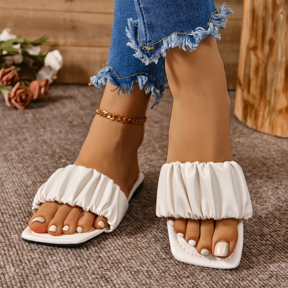 

Fashion Summer Slippers for Women Pleated Flip Flops Flats New Korean Slippers Women Sandals Green Slip on Shoes Big Size 36-42 37 белый