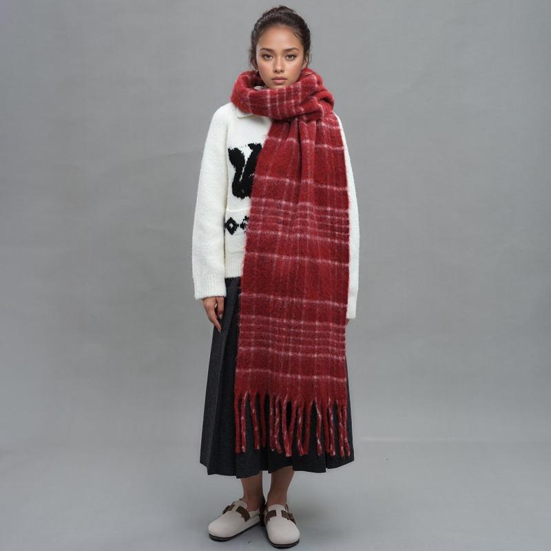 Plaid pattern with wool fringed scarf, high-end winter mohair warm scarf, men's and women's scarves