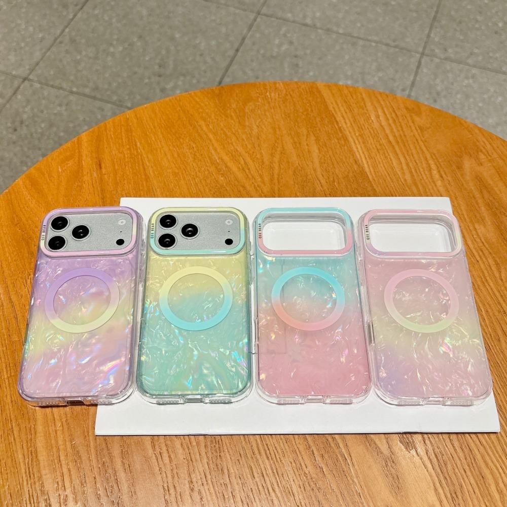 Candy Color Gradient Shell Texture Magnetic Wireless Charger Case for IPhone 18 17 Pro Max 16 15 14 13 12 Hard Shockproof Camera Lens Protective Cover