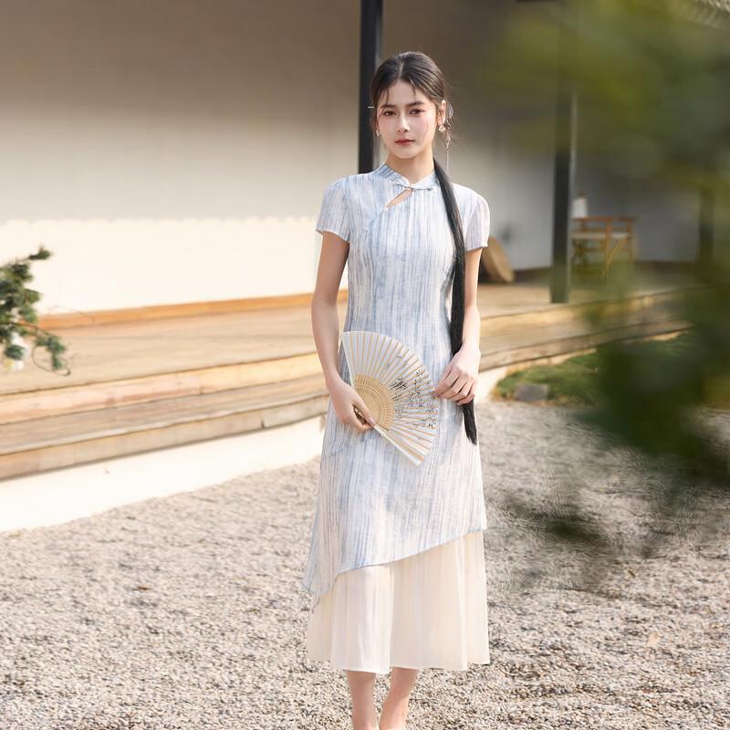 Sancai 2026 Summer New Chinese Style Faux Two-Piece Long Dress