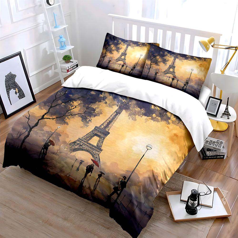 Eiffel Tower Sunset Scene Bedding Duvet Cover Set Duvet Cover Pillowcases (1*Duvet Cover 2*Pillowcases, Without Duvet Insert)