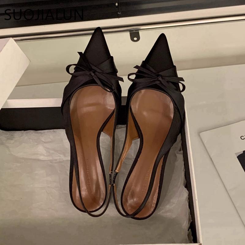 Fashion SUOJIALUN New Brand Women Sandal Shoes Fashion Pointed Toe Bow-Knot Shallow Slip On Slingback Shoes Thin Low Heel Dress Pumps