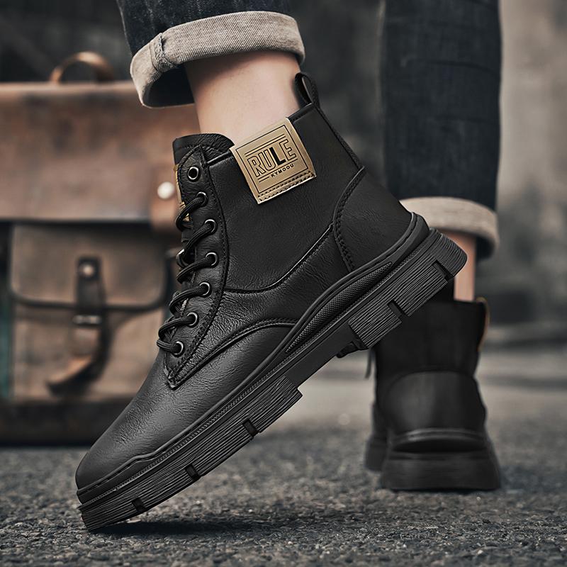Fashion 2025 Winter Leather Mens Boots Fashion Thick Bottom Lace-up Casual Men's Work Shoes New Design Warm Black Ankle Boots Male