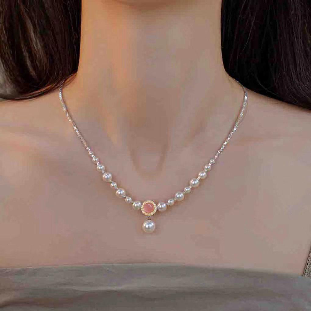 S925 Silver Pink Chalcedony and Pearl Jewelry Set: Bracelet, Necklace, Ring, Earrings - Perfect Gift for Girlfriends & Besties