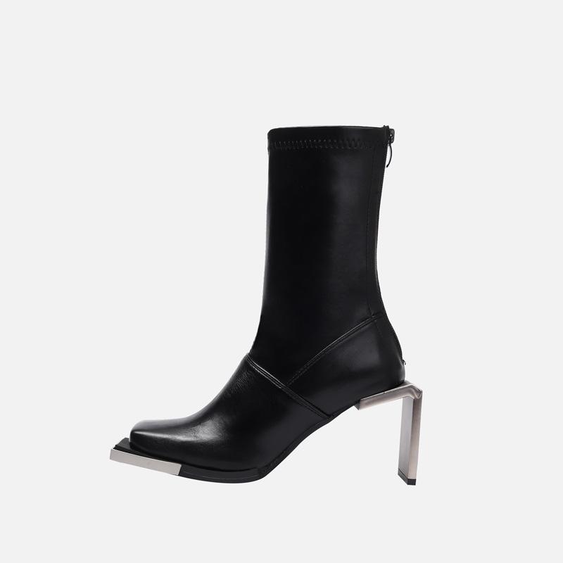 Fashion Metal Decor High Heel Platform Boots Slim All-Match Women Short Boots knee boots Leather Mid Tube Boots Retro fashion