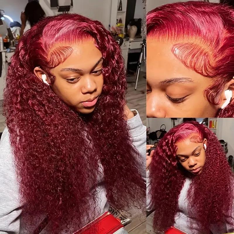 Fashionable wine red small curly wig with front lace small curling tube long curly hair full headgear wig